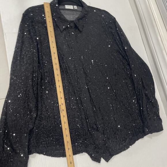 Vila Women Plus 2XL Black Sequin Blouse Button Up Collar Long Sleeve Party Shirt - Picture 9 of 10